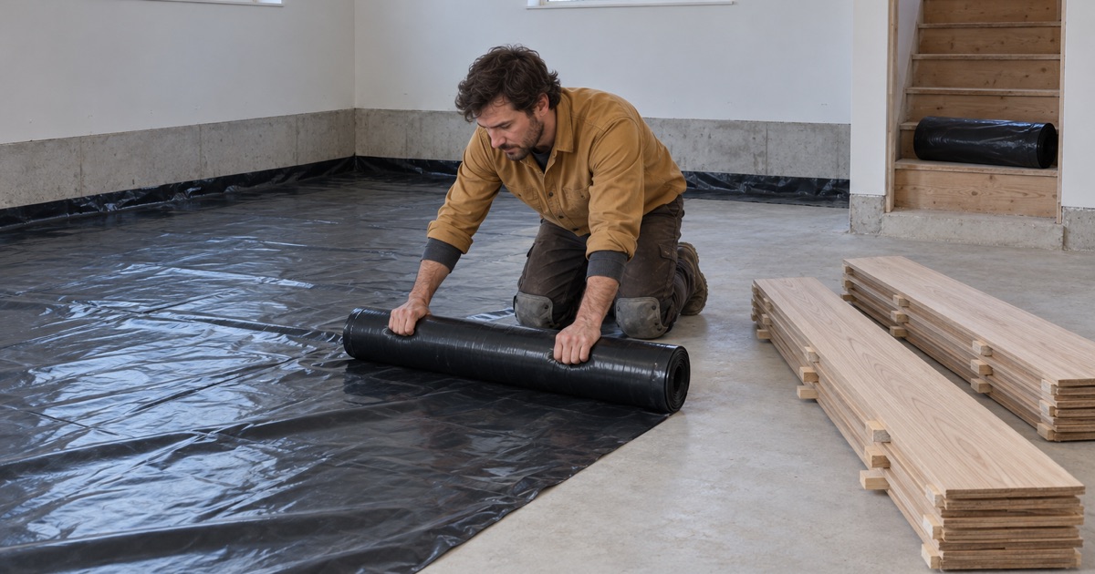 Worker rolling a black vapor retarder out across the bare lower-level slab of a Maple Grove lookout, with bundles of engineered white oak plank lying flat beside him.