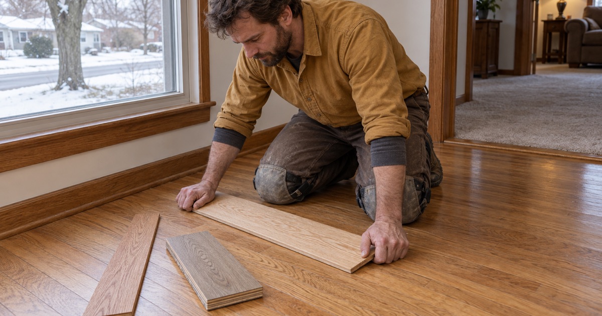 Worker pressing a wide white oak sample plank flat beside narrow red oak strip and an engineered sample on the existing floor of a Maple Grove house.