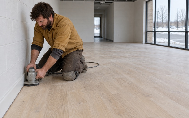 Worker taking an edger along the base of a wall in an empty Maple Grove tenant space, the wood floor running to a painted base in a long corridor beyond.