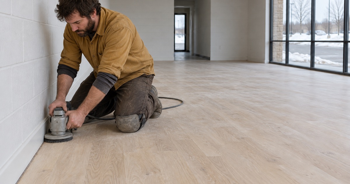 Worker taking an edger along the base of a wall in an empty Maple Grove tenant space, the wood floor running to a painted base in a long corridor beyond.