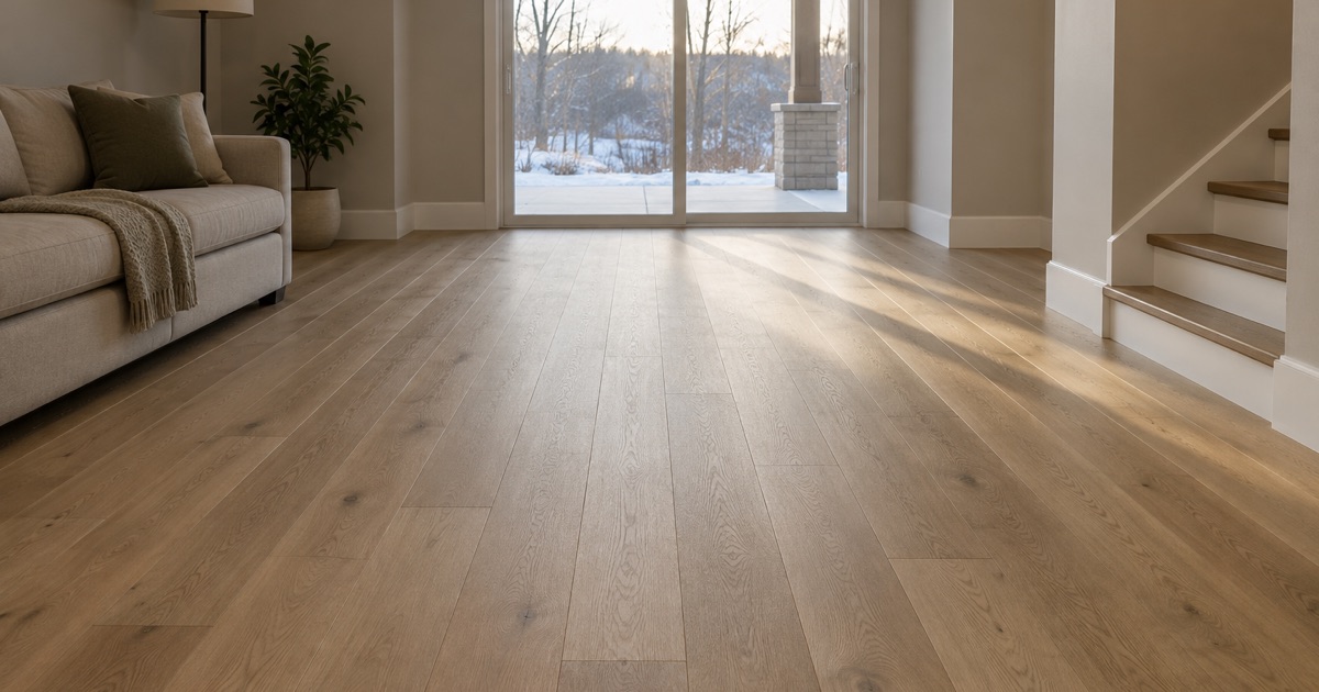 A finished white oak floor in a Maple Grove walkout lower level, low winter light running the length of the boards from the patio door, with no people in frame.