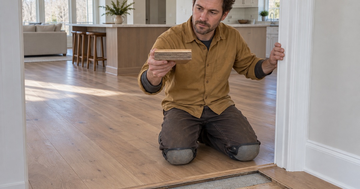Worker holding up a lifted engineered white oak plank with its sawn end to camera, the thin wear layer over the core reading as a pale band above the plies.