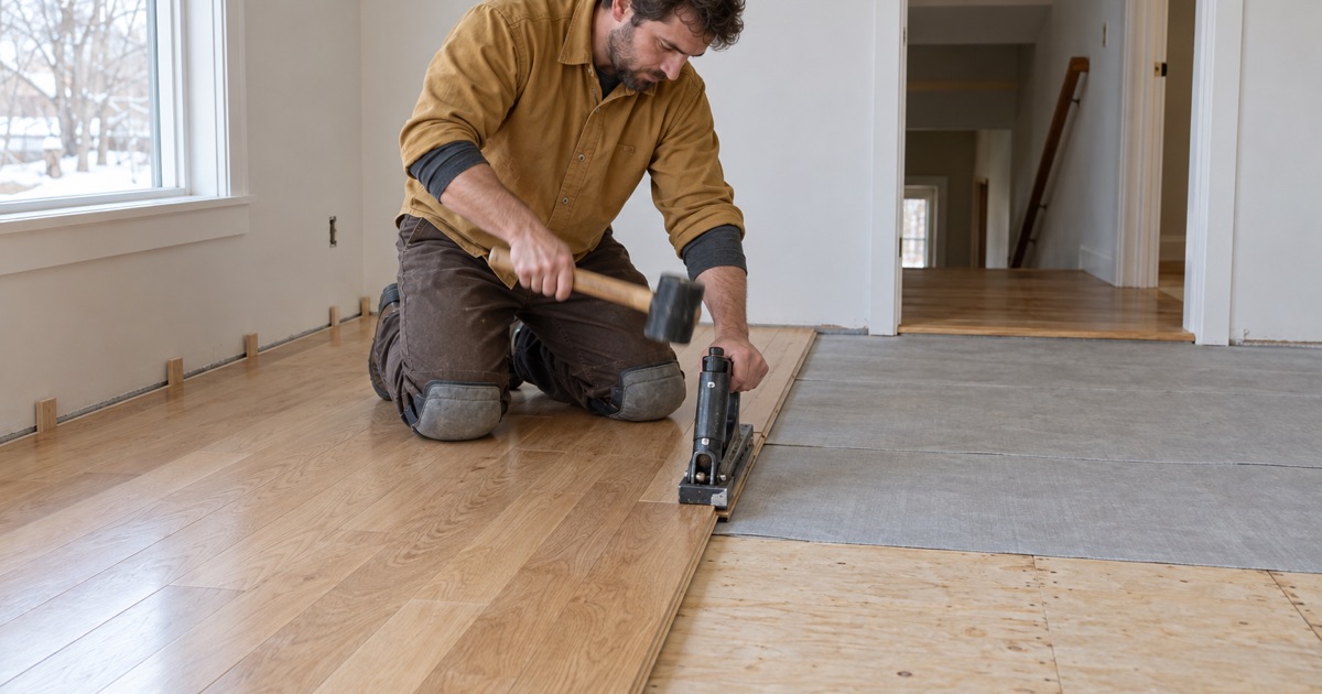 Worker striking the plunger of a flooring nailer seated on the tongue edge of a white oak board in a Maple Grove house, the laid courses running back behind him.