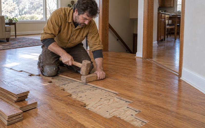 Worker striking a tapping block against the exposed edge of a replacement red oak board in a staggered lace-in repair, the plywood subfloor open in the courses beside it.