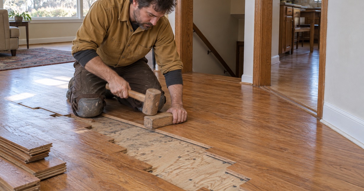 Worker striking a tapping block against the exposed edge of a replacement red oak board in a staggered lace-in repair, the plywood subfloor open in the courses beside it.