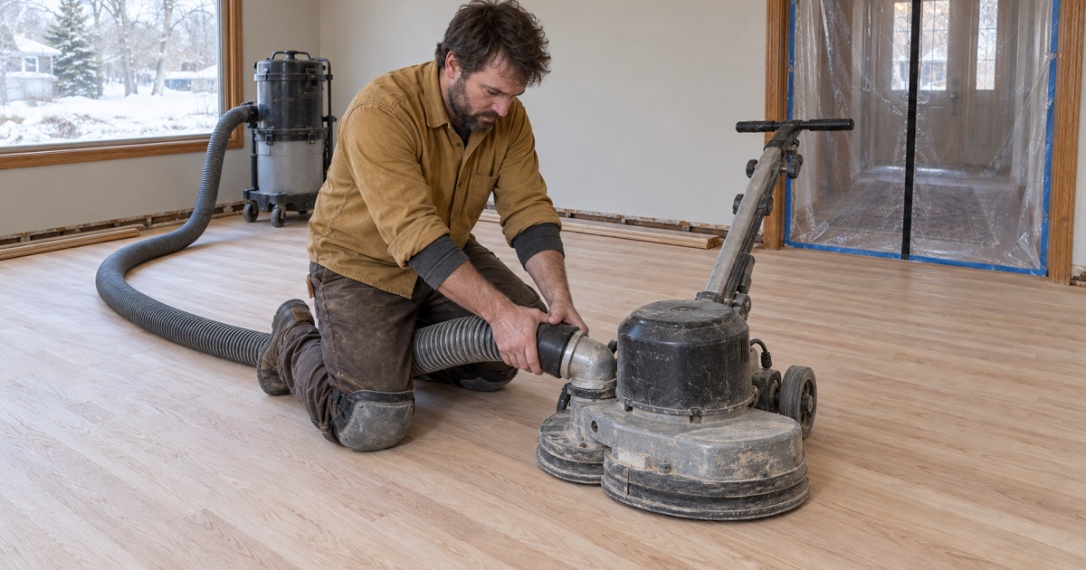 Worker seating a dust hose onto the shroud of a floor sander in a Maple Grove house, with a zippered poly containment wall closing off the doorway behind him.