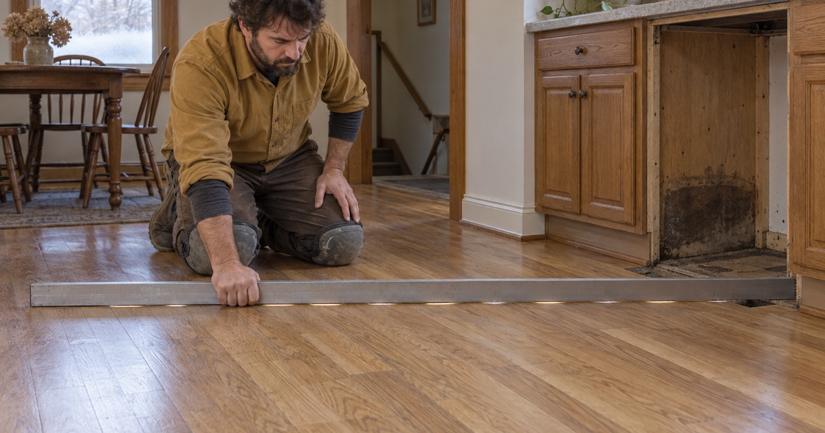 Worker laying a long straightedge across cupped white oak boards beside a dishwasher opening, daylight showing under the bar where the board edges have risen.
