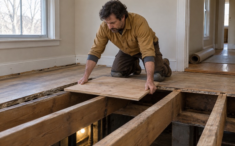 Worker lowering a new plywood subfloor panel down between the joists of a Maple Grove house with the finish floor taken up around it.