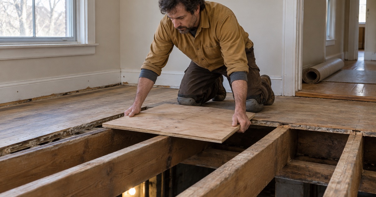 Worker lowering a new plywood subfloor panel down between the joists of a Maple Grove house with the finish floor taken up around it.