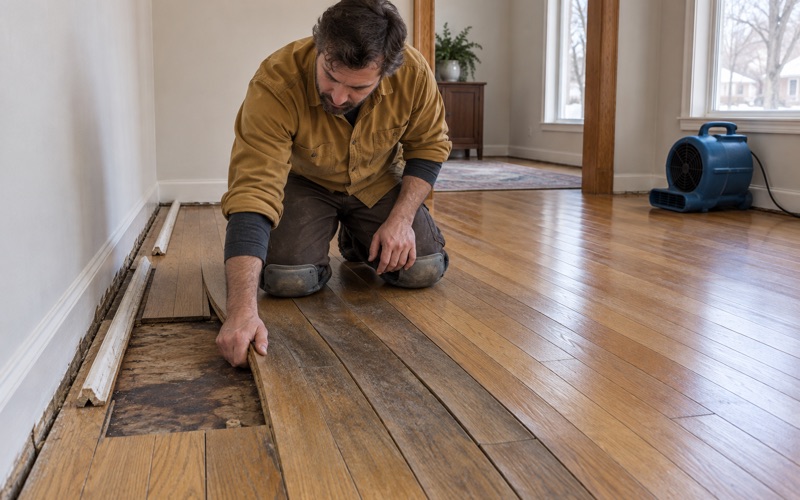 Worker running a flat hand along a badly cupped white oak board beside a burst supply line, the boards darkened where the water tracked between the courses.