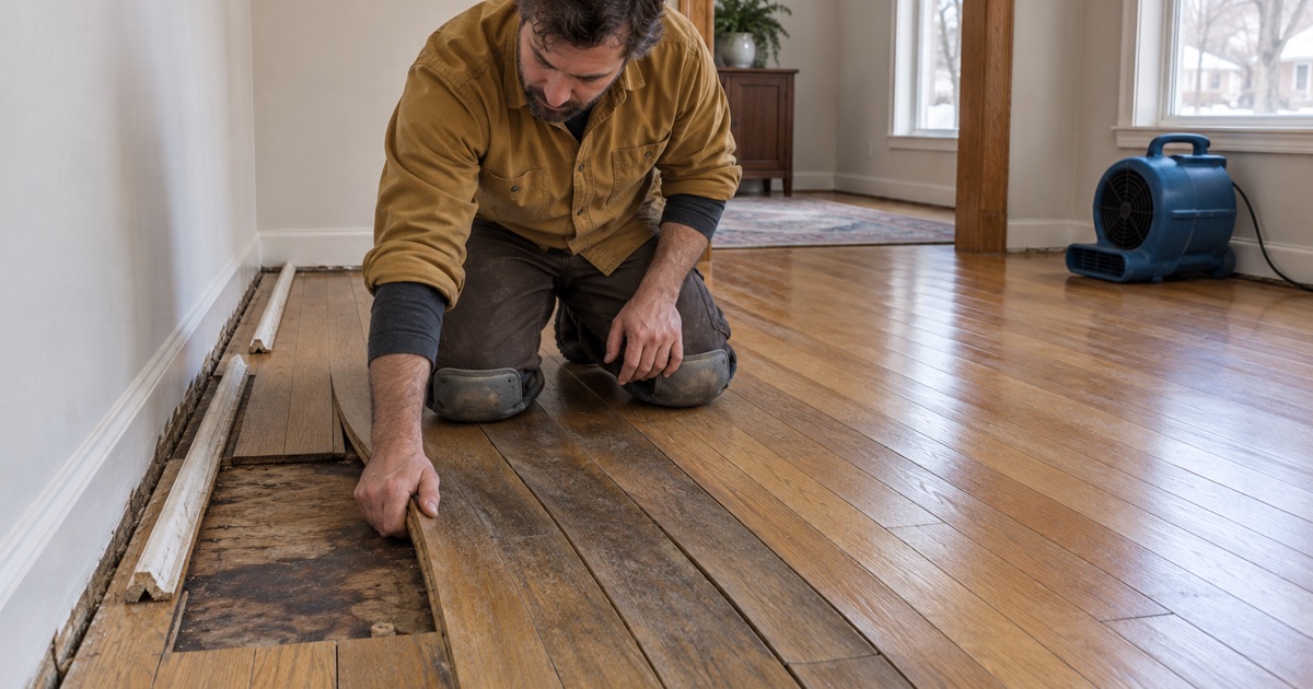 Worker running a flat hand along a badly cupped white oak board beside a burst supply line, the boards darkened where the water tracked between the courses.