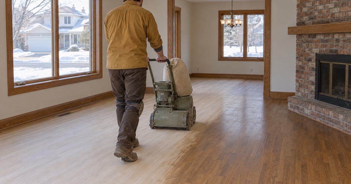 Worker walking a drum sander away from camera across white oak in a Maple Grove house, raw pale wood behind the machine and old amber finish still whole ahead of it.